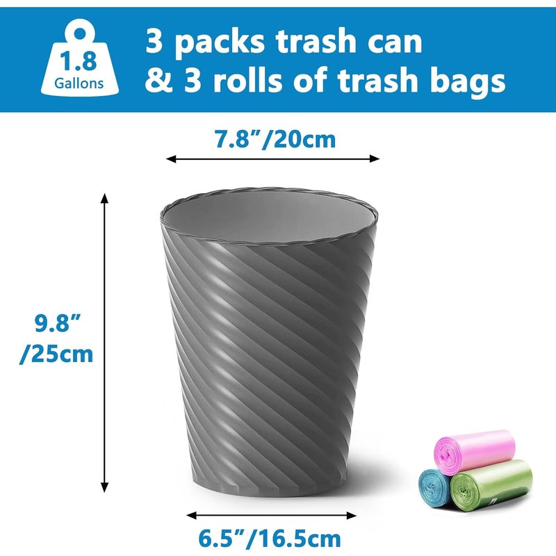 Lysam Bathroom Trash Can, 3 Pack 1.8 Gallons Small Trash Can with Trash Bags, Bathroom Garbage Can, Plastic Trash Bin, Round Waste Basket for Bedroom, Office, Room (White Blue Grey) - Image 3